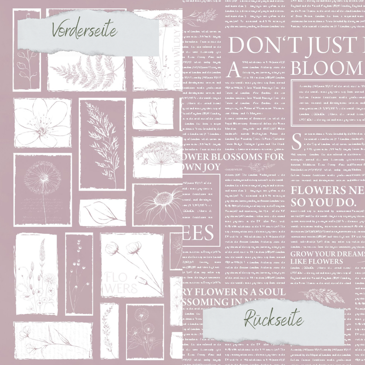 Designpapier - Basic - Heide - Newspaper + Wildflowers - Doppelseitig bedruckt