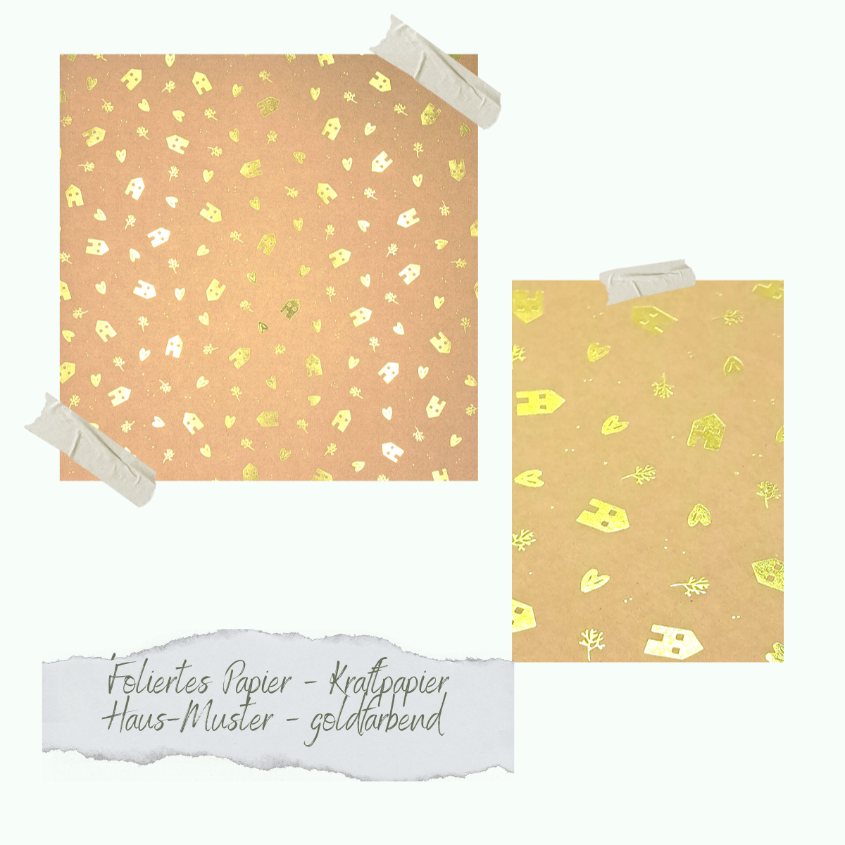 Foliertes Papier - Kraftpapier - Haus-Muster - goldfarbend