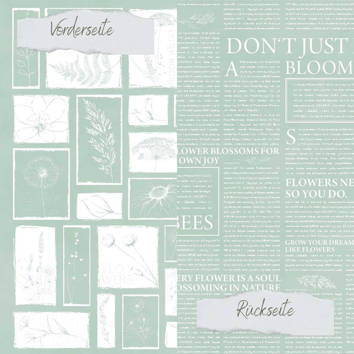 Designpapier - Basic - Vintage Mint - Newspaper + Wildflowers - Doppelseitig bedruckt